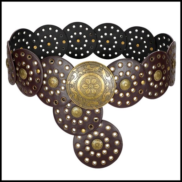 Wide Western Leather Belt Boho Disc Concho Vintage Style Adjustable Waist